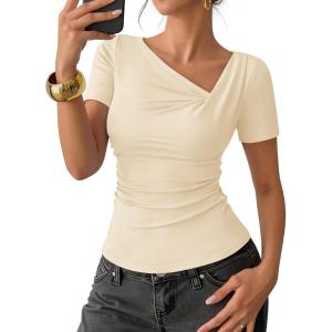 ZESICA Womens Summer Asymmetrical T Shirts Ruched Fitted Short Sleeve Y2K Going Out Tops 2026 Spring Fashion Vacation Outfits(Apricot)