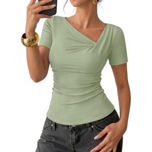 ZESICA Womens Summer Asymmetrical T Shirts Ruched Fitted Short Sleeve Y2K Going Out Tops 2026 Spring Fashion Vacation Outfits(Green)