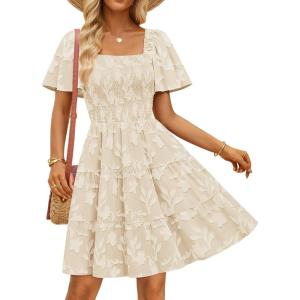 ZESICA Women’s Summer Boho Floral Mini Dress 2026 Casual Short Sleeve Square Neck Swing Beach Vacation Sundress(Apricot)