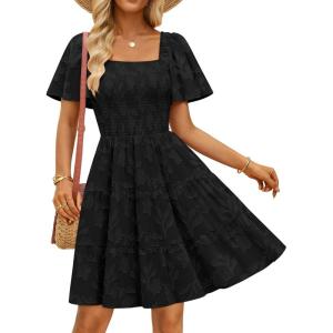ZESICA Women’s Summer Boho Floral Mini Dress 2026 Casual Short Sleeve Square Neck Swing Beach Vacation Sundress(Black)