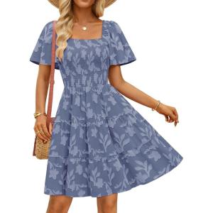 ZESICA Women’s Summer Boho Floral Mini Dress 2026 Casual Short Sleeve Square Neck Swing Beach Vacation Sundress(Dusty Blue)