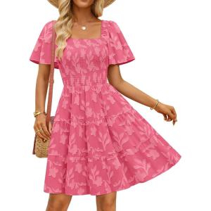 ZESICA Women’s Summer Boho Floral Mini Dress 2026 Casual Short Sleeve Square Neck Swing Beach Vacation Sundress(Hot Pink)
