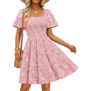 ZESICA Women’s Summer Boho Floral Mini Dress 2026 Casual Short Sleeve Square Neck Swing Beach Vacation Sundress(Pink)