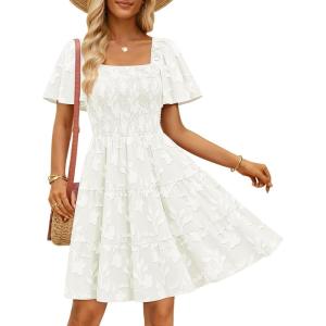 ZESICA Women’s Summer Boho Floral Mini Dress 2026 Casual Short Sleeve Square Neck Swing Beach Vacation Sundress(White)
