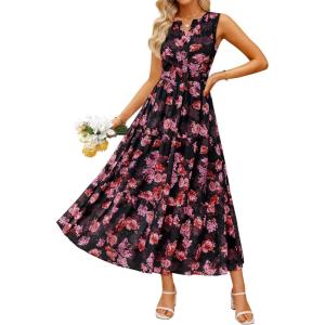 ZESICA Women’s Summer Boho Floral Sleeveless Midi Dress 2026 V Neck Elastic High Waist Flowy Casual Beach Long Dresses(Black)