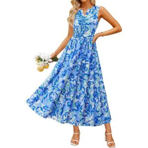 ZESICA Women’s Summer Boho Floral Sleeveless Midi Dress 2026 V Neck Elastic High Waist Flowy Casual Beach Long Dresses(Blue)