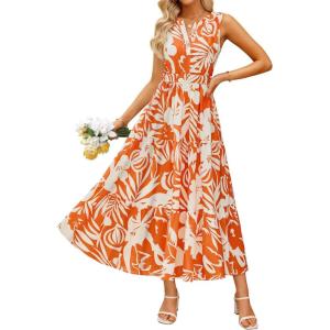ZESICA Women’s Summer Boho Floral Sleeveless Midi Dress 2026 V Neck Elastic High Waist Flowy Casual Beach Long Dresses(Orange)