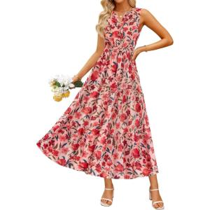 ZESICA Women’s Summer Boho Floral Sleeveless Midi Dress 2026 V Neck Elastic High Waist Flowy Casual Beach Long Dresses(Pink)