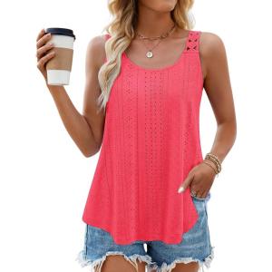 ZESICA Women’s Summer Eyelet Tank Tops Loose Trendy Scoop Neck Sleeveless Flowy Beach Vacation Shirts(Peach)