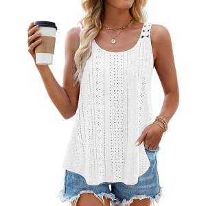 ZESICA Women’s Summer Eyelet Tank Tops Loose Trendy Scoop Neck Sleeveless Flowy Beach Vacation Shirts(White)
