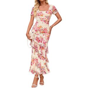 ZESICA Women’s Summer Floral Bodycon Maxi Dress 2026 Square Neck Mesh Ruffle Elegant Cocktail Wedding Party Long Dresses(Apricot)