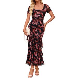 ZESICA Women’s Summer Floral Bodycon Maxi Dress 2026 Square Neck Mesh Ruffle Elegant Cocktail Wedding Party Long Dresses(Black)