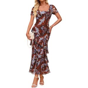 ZESICA Women’s Summer Floral Bodycon Maxi Dress 2026 Square Neck Mesh Ruffle Elegant Cocktail Wedding Party Long Dresses(Brown)