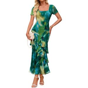 ZESICA Women’s Summer Floral Bodycon Maxi Dress 2026 Square Neck Mesh Ruffle Elegant Cocktail Wedding Party Long Dresses(Green)