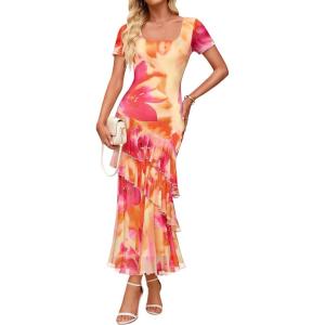 ZESICA Women’s Summer Floral Bodycon Maxi Dress 2026 Square Neck Mesh Ruffle Elegant Cocktail Wedding Party Long Dresses(Orange)