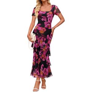 ZESICA Women’s Summer Floral Bodycon Maxi Dress 2026 Square Neck Mesh Ruffle Elegant Cocktail Wedding Party Long Dresses(Purple)