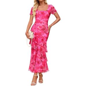 ZESICA Women’s Summer Floral Bodycon Maxi Dress 2026 Square Neck Mesh Ruffle Elegant Cocktail Wedding Party Long Dresses(Rose)