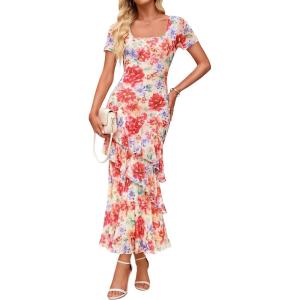 ZESICA Women’s Summer Floral Bodycon Maxi Dress 2026 Square Neck Mesh Ruffle Elegant Cocktail Wedding Party Long Dresses(Vintage Pink)