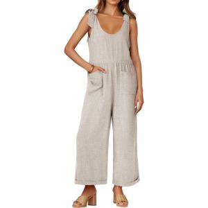 ZESICA Women’s Summer Loose Sleeveless Jumpsuits Linen Adjustable Straps Oversized Wide Leg Long Overall Rompers with Pockets(Apricot)