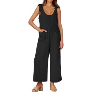 ZESICA Women’s Summer Loose Sleeveless Jumpsuits Linen Adjustable Straps Oversized Wide Leg Long Overall Rompers with Pockets(Black)