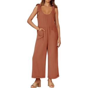 ZESICA Women’s Summer Loose Sleeveless Jumpsuits Linen Adjustable Straps Oversized Wide Leg Long Overall Rompers with Pockets(Rust)