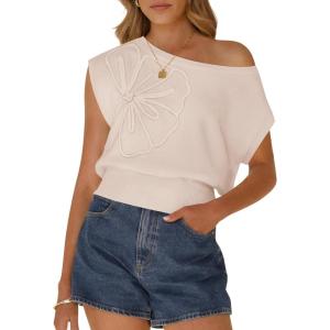 ZESICA Women’s Summer Off Shoulder Floral Sweaters 2026 Cap Sleeve Loose Knit Cute Pullover Tops Trendy Clothes(Almond)