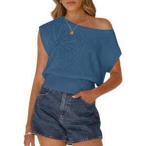 ZESICA Women’s Summer Off Shoulder Floral Sweaters 2026 Cap Sleeve Loose Knit Cute Pullover Tops Trendy Clothes(Dustyblue)