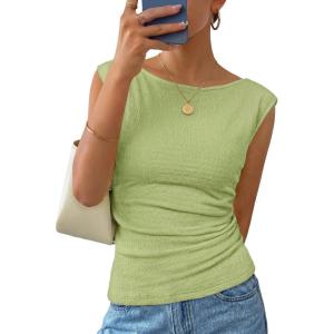 ZESICA Women’s Summer Ruched Trendy Tank Top 2026 Cap Sleeve Boat Neck Slim Fit Spring Tops Going Out Tee Shirts Fashion(Grassgreen)