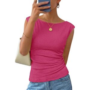 ZESICA Women’s Summer Ruched Trendy Tank Top 2026 Cap Sleeve Boat Neck Slim Fit Spring Tops Going Out Tee Shirts Fashion(Rose)
