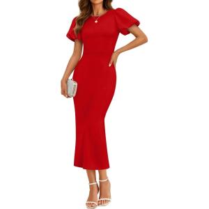 ZESICA Women’s Summer Short Sleeve Bodycon Midi Dress 2026 Spring Elegant Formal Wedding Guest Cocktail Party Dresses(Red)