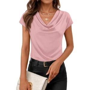 ZESICA Women’s Summer Short Sleeve Business Casual Tops 2026 Cowl Neck Knit Shirts Spring Work Dressy Blouses(Pink)