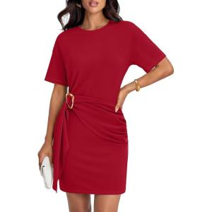 ZESICA Women’s Summer Short Sleeve Mini Dresses 2026 Crewneck Ruched Tie Waist Slim Fit Casual Beach Party T Shirt Dress(Red)