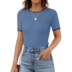 ZESICA Women’s Summer Short Sleeve Ribbed Knit Slim Fit T Shirt 2026 Crewneck Basic Casual Color Block Tee Tops(Dustyblue)