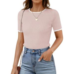 ZESICA Women’s Summer Short Sleeve Ribbed Knit Slim Fit T Shirt 2026 Crewneck Basic Casual Color Block Tee Tops(Dustypink)