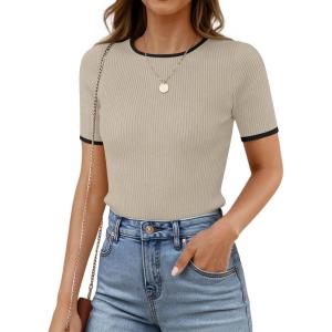 ZESICA Women’s Summer Short Sleeve Ribbed Knit Slim Fit T Shirt 2026 Crewneck Basic Casual Color Block Tee Tops(Oats)