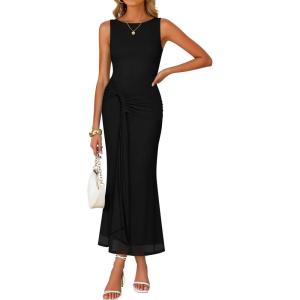 ZESICA Women’s Summer Sleeveless Bodycon Dress 2026 Crewneck Ruched Sexy Mesh Wedding Guest Cocktail Party Maxi Dresses(Black)