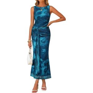 ZESICA Women’s Summer Sleeveless Bodycon Dress 2026 Crewneck Ruched Sexy Mesh Wedding Guest Cocktail Party Maxi Dresses(Darkblue)