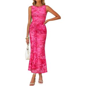 ZESICA Women’s Summer Sleeveless Bodycon Dress 2026 Crewneck Ruched Sexy Mesh Wedding Guest Cocktail Party Maxi Dresses(Rose)