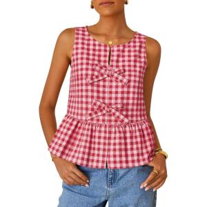 ZESICA Women’s Summer Sleeveless Gingham Tank Tops 2026 Crewneck Tie Front Top Loose Ruffle Peplum Babydoll Blouses(Red)