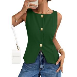 ZESICA Womens Summer Sleeveless Suit Vest 2026 Boat Neck Button Down Formal Vest Tops Casual Trendy Work Blazer Waistcoat(Green)