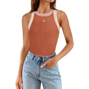 ZESICA Womens Summer Sleeveless Tank Tops Ribbed High Neck Racerback Slim Fitted Color Block Casual Shirts(Coral)