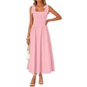 ZESICA Women’s Summer Spaghetti Strap Maxi Dress 2026 Tie Shoulder Square Neck Flowy Wedding Guest Party Beach Long Dresses(Pink)