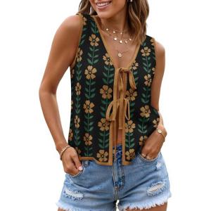 ZESICA Women’s Tie Front Sweater Vest Summer Print Sleeveless Knit Y2k Tank Tops 2026 Trendy Clothes Outfits(Black)