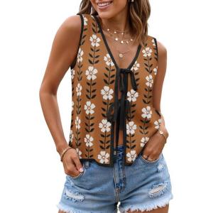ZESICA Women’s Tie Front Sweater Vest Summer Print Sleeveless Knit Y2k Tank Tops 2026 Trendy Clothes Outfits(Caramel)
