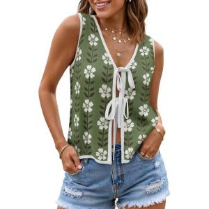 ZESICA Women’s Tie Front Sweater Vest Summer Print Sleeveless Knit Y2k Tank Tops 2026 Trendy Clothes Outfits(Green)