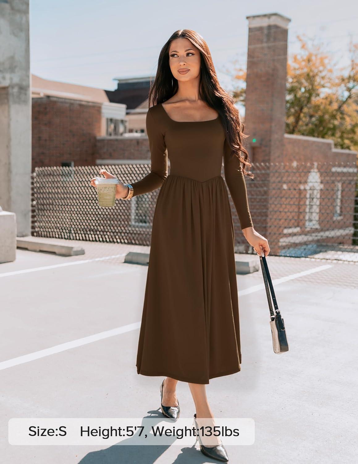 imageZESICA Spring Dresses for Women 2026 Elegant Classy Square Neck Long Sleeve Flowy Wedding Guest Party Midi DressBrown