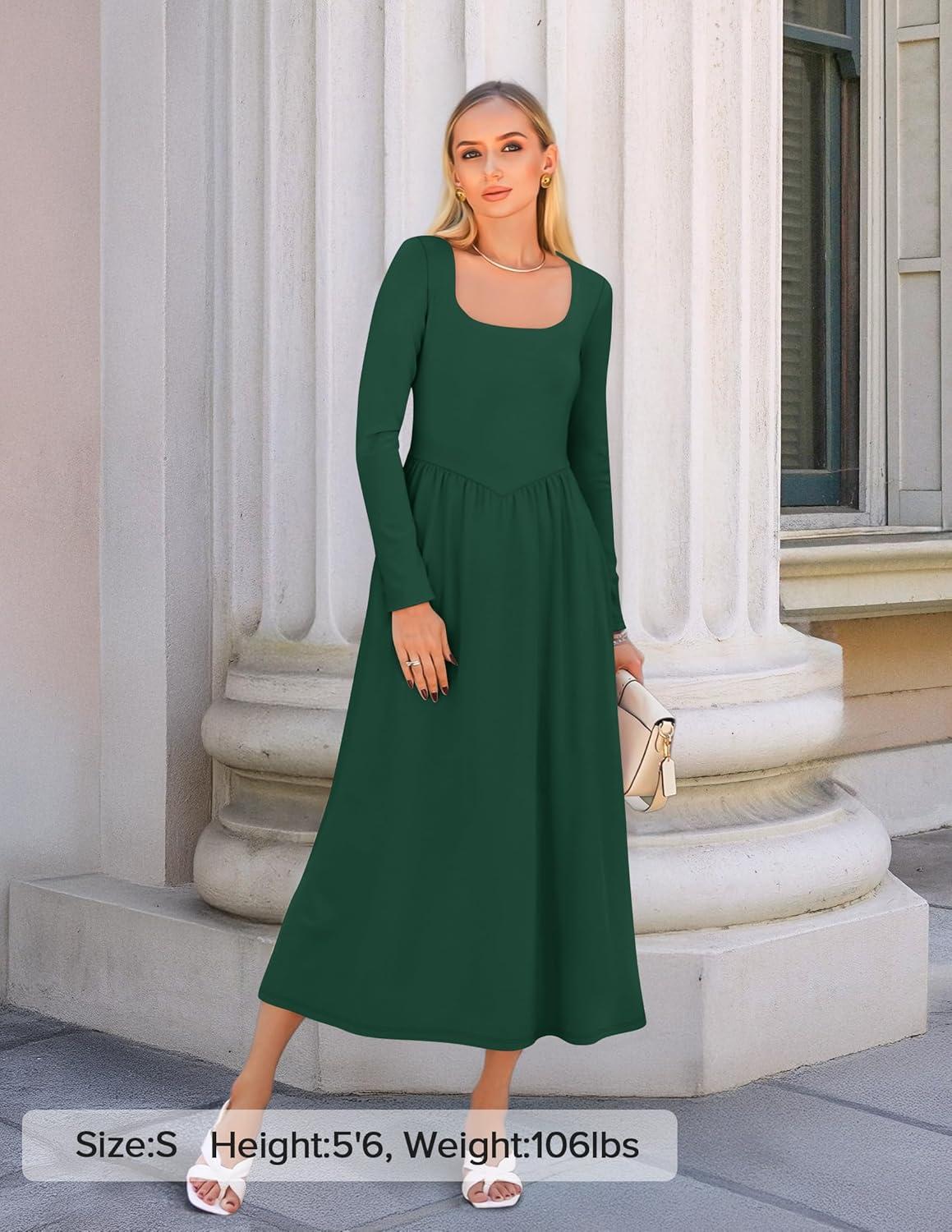 imageZESICA Spring Dresses for Women 2026 Elegant Classy Square Neck Long Sleeve Flowy Wedding Guest Party Midi DressDarkgreen