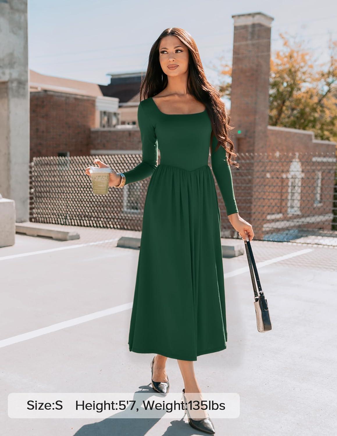 imageZESICA Spring Dresses for Women 2026 Elegant Classy Square Neck Long Sleeve Flowy Wedding Guest Party Midi DressDarkgreen
