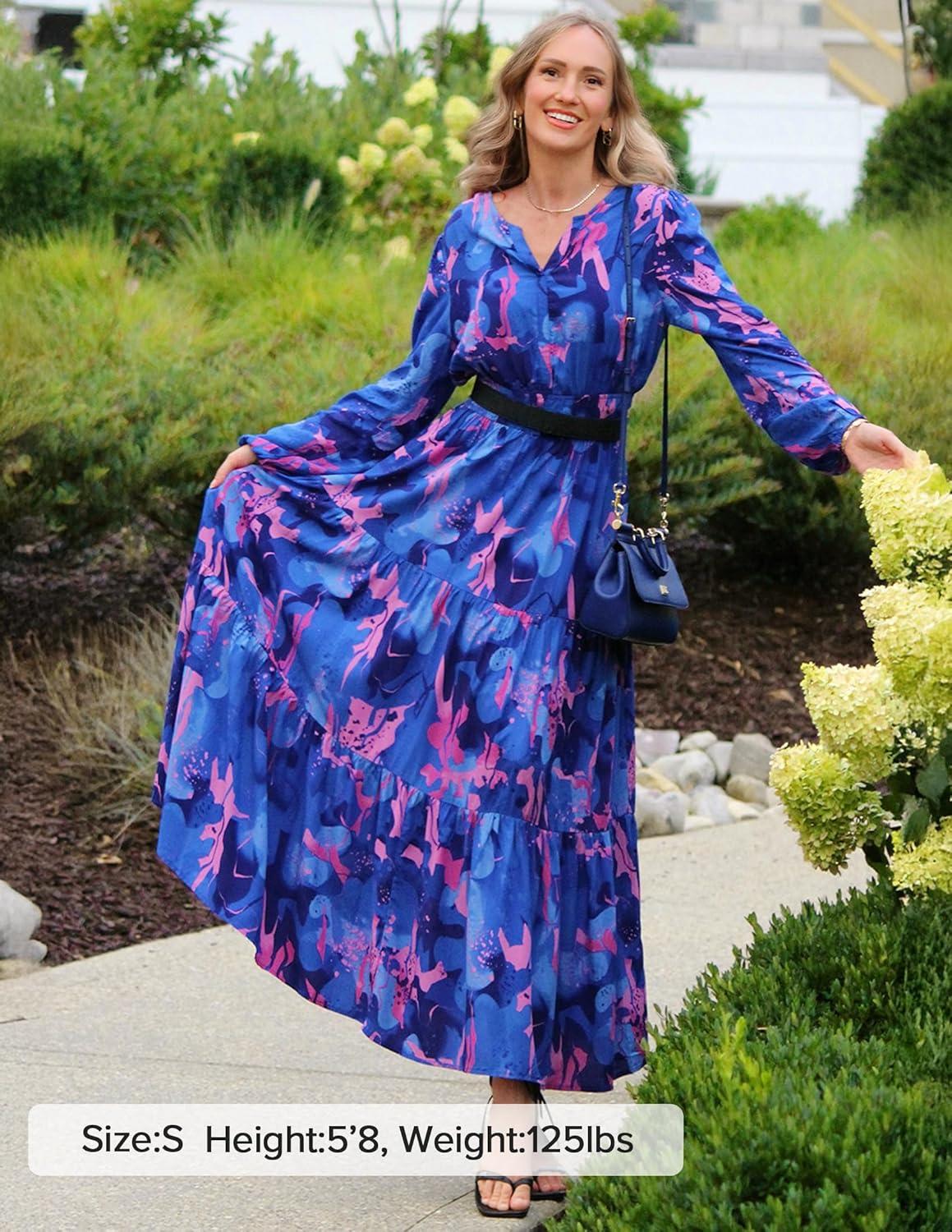 imageZESICA Spring Dresses for Women 2026 Long Sleeve Boho Floral V Neck Empire Waist A Line Casual Flowy Wedding Guest Maxi DressRoyalblue