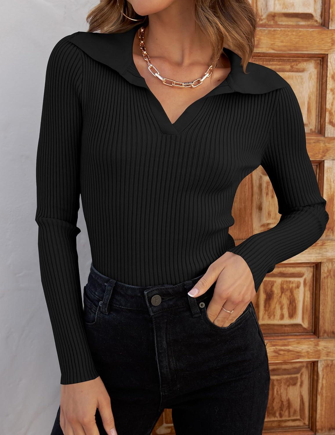 imageZESICA Sweaters for Women 2026 Spring Long Sleeve V Neck Ribbed Knit Pullover Tops Casual Slim Fit Basic Tee ShirtsBlack